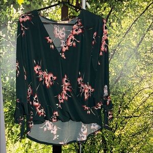 Beacon Floral Wrap Blouse - Dark Green and Pink